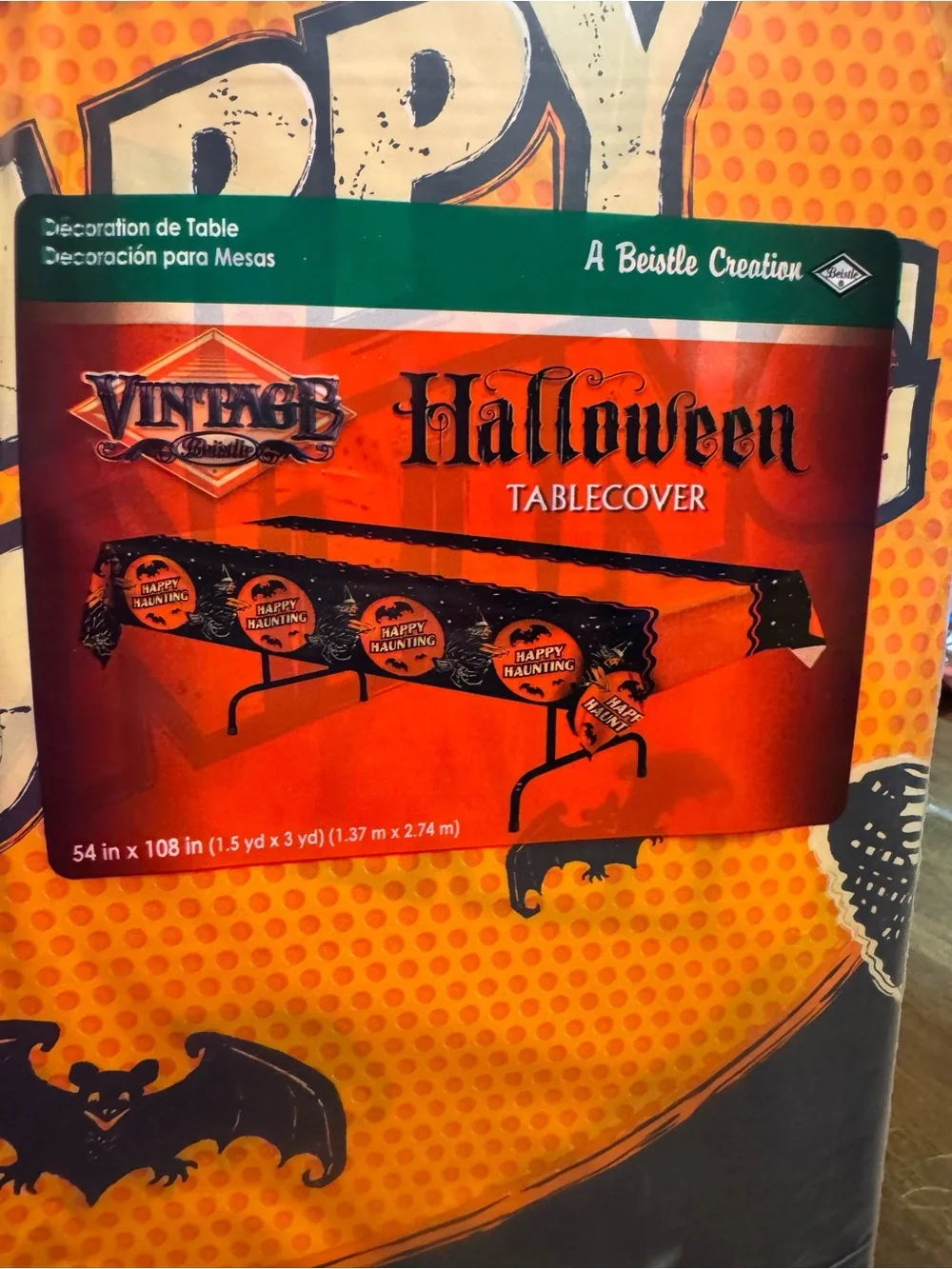 Vintage Beistle Creation Orange and Black Happy Haunting Halloween Tablecover